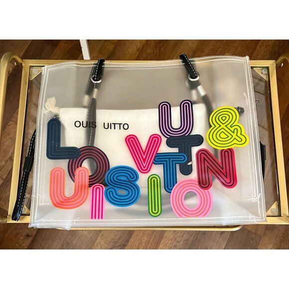 Clear Tote Bag With White Drawstring Pouch & Colorful Lettering Design - Picture 2 of 4